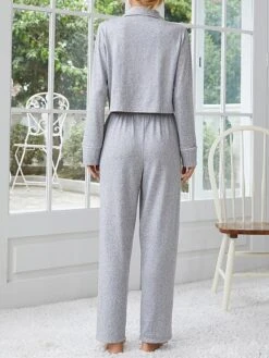 Women's Loungewear Sets Pure Color Casual Comfort Soft Home Street Daily Polyester Breathable Lapel Long Sleeve Pant Pocket Elastic Waist Fall Winter Gray -Deals The Sexy Bra Store lnswgj1692348333058