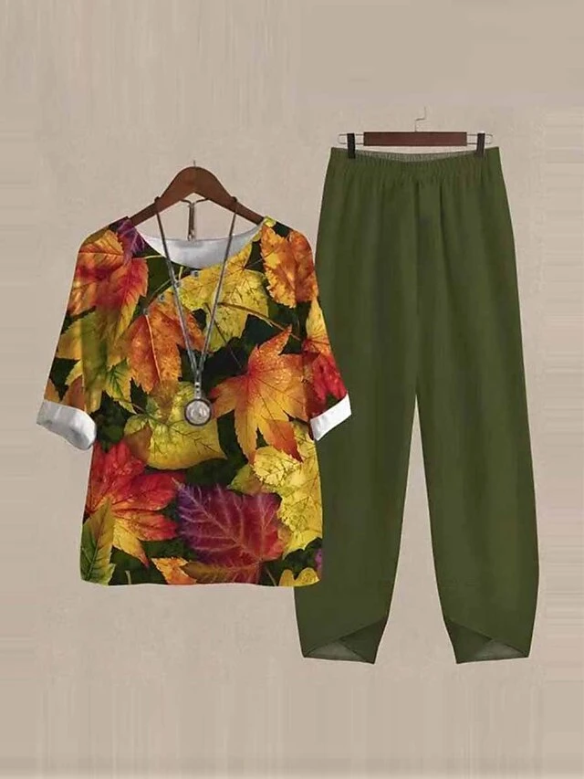 Women's 2 Piece Loungewear Sets Linen Breathable Crew Neck Half Sleeve T Shirts And Wide Leg Pants Cat Butterfly Leave Print Summer Spring Navy Blue Green S 6XL 2 Women's 2 Piece Loungewear Sets Linen Breathable Crew Neck Half Sleeve T Shirts And Wide Leg Pants Cat Butterfly Leave Print Summer Spring Navy Blue Green S 6XL - Image 2