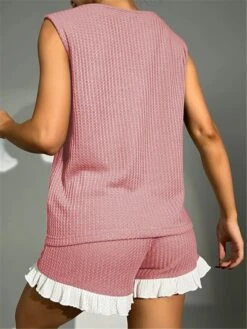 Women's Pajamas Pajama Top And Pant Sets Pure Color Simple Casual Soft Home Daily Bed Waffle Fabric Breathable Crew Neck Sleeveless Shorts Summer Spring Yellow Pink -Deals The Sexy Bra Store lopjxy1679451491885