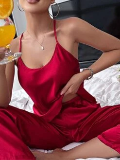 Women's Pajamas Sets Pure Color Fashion Comfort Soft Home Xmas Daily Bed Satin Breathable Straps Sleeveless Strap Top Pant Backless Summer Fall Lotus Pink Red -Deals The Sexy Bra Store lpavse1694742428100