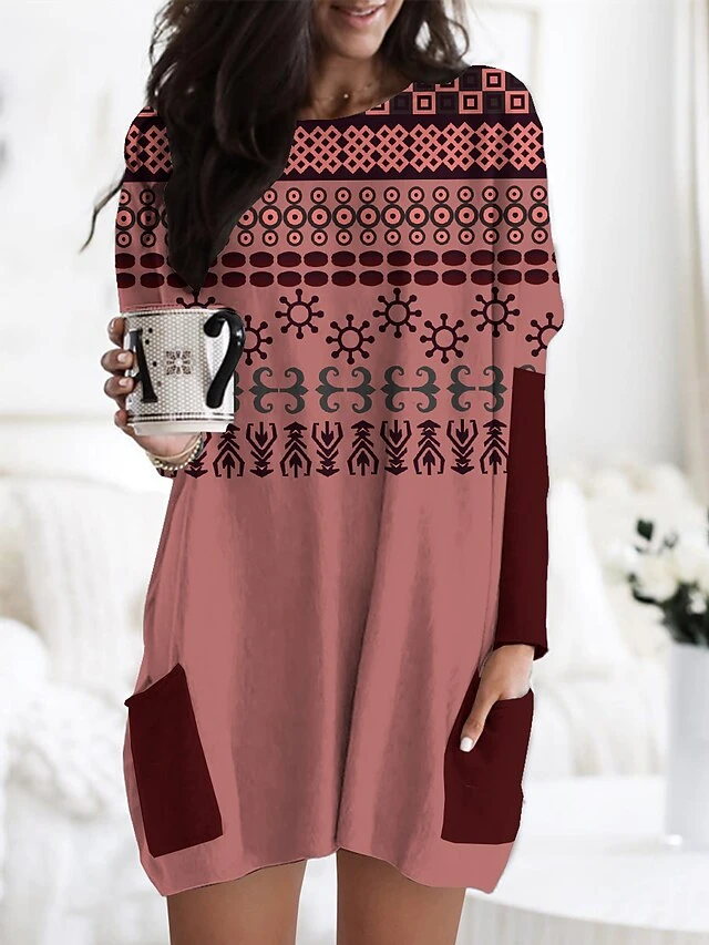 Women's Nightgown Graphic Prints Fashion Comfort Home Daily Polyester Crew Neck Long Sleeve Pocket Fall Winter White Red 3 Women's Nightgown Graphic Prints Fashion Comfort Home Daily Polyester Crew Neck Long Sleeve Pocket Fall Winter White Red - Image 3