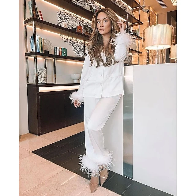 Women's Gift Loungewear Pajamas Sets Home Party Valentine's Day Feather Pure Color Silk Simple Soft Shirt Pant Fall Spring Summer Lapel Long Sleeve Long Pant Buckle Pocket 12 Women's Gift Loungewear Pajamas Sets Home Party Valentine's Day Feather Pure Color Silk Simple Soft Shirt Pant Fall Spring Summer Lapel Long Sleeve Long Pant Buckle Pocket - Image 12