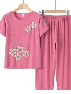 Women's 2 Piece Loungewear Sets Polyester Breathable Crew Neck Short Sleeve T-shirt And Wide Leg Elastic Waist Pants Flower Print Fashion Casual Comfort Street Daily Date Summer Spring Pink Blue 4XL -Deals The Sexy Bra Store lqwiez1681882215295