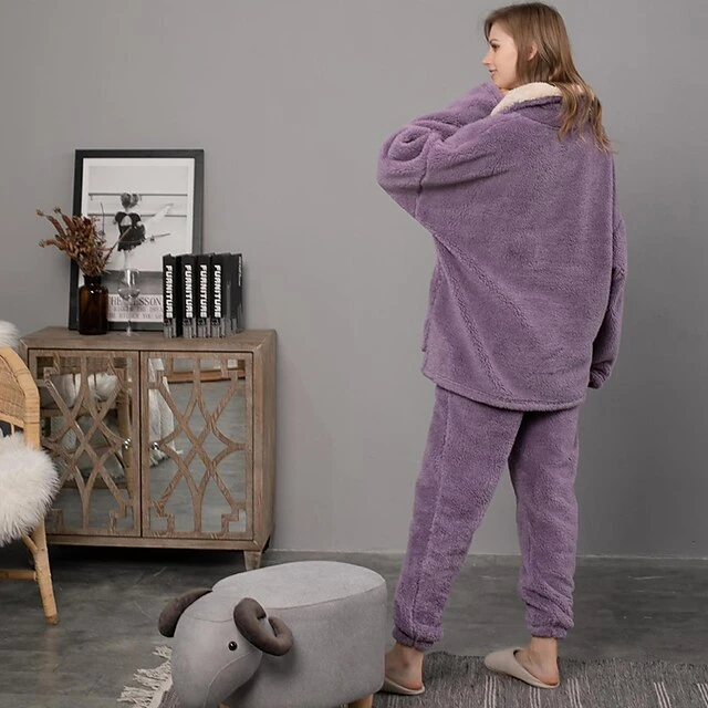 Women's Flannel Warm Pajamas Sets Nighty Pure Color Plush Fashion Comfort Home Christmas Vacation V Wire Long Sleeve Sweater Pant Elastic Waist Fall Winter Gray Purple / Lace Up 14 Women's Flannel Warm Pajamas Sets Nighty Pure Color Plush Fashion Comfort Home Christmas Vacation V Wire Long Sleeve Sweater Pant Elastic Waist Fall Winter Gray Purple / Lace Up - Image 14