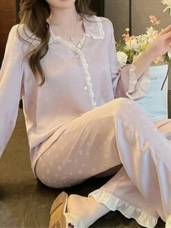 Women's Pajamas Sets Cat Letter Casual Comfort Soft Home Daily Bed Satin Breathable Lapel Long Sleeve Shirt Pant Button Pocket Fall Winter 8602#[Long Sleeve] 8101#[Long Sleeve] -Deals The Sexy Bra Store lrsjjp1697161955018