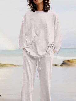 Women's Plus Size Loungewear Sets 2 Pieces Pure Color Fashion Casual Comfort Street Daily Date Cotton Breathable Crew Neck Long Sleeve Pant Summer Fall White Yellow -Deals The Sexy Bra Store lrwyle1689326424179