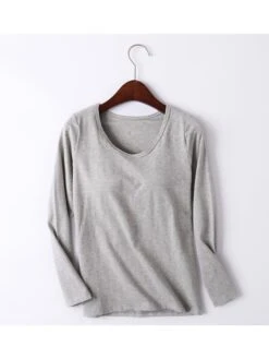 Women's Cotton Pajama Top With Chest Pads Loungewear Top Pure Color Fashion Casual Comfort Home Street Daily Cotton Breathable Crew Neck Long Sleeve Fall Winter Black Pink -Deals The Sexy Bra Store lsbmzd1697774284181