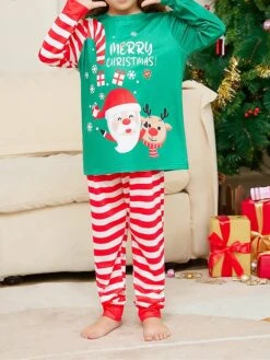Matching Family Christmas Pajamas Sets Letter Santa Claus Basic Casual Comfort Home Christmas Cotton Breathable Gift Crew Neck Long Sleeve T Shirt Tee Pant Fall Winter Green -Deals The Sexy Bra Store lsopmk1697074757767