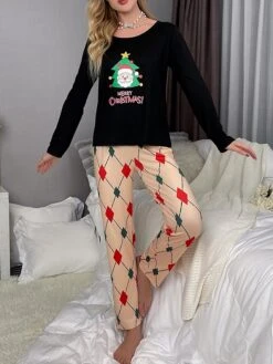 Women's Christmas Loungewear Sets Letter Santa Claus Fashion Comfort Soft Home Xmas Daily Polyester Breathable Crew Neck Long Sleeve T Shirt Tee Pant Fall Winter 90004 -Deals The Sexy Bra Store lszffg1694164346651