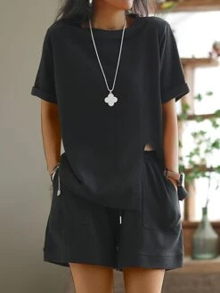 Women's Plus Size Loungewear Sets Pure Color Sport Casual Comfort Home Street Daily Polyester Breathable Crew Neck Short Sleeve T Shirt Tee Shorts Pocket Summer Spring Black White 8 Women's Plus Size Loungewear Sets Pure Color Sport Casual Comfort Home Street Daily Polyester Breathable Crew Neck Short Sleeve T Shirt Tee Shorts Pocket Summer Spring Black White -Deals The Sexy Bra Store ltgayt1686288421481