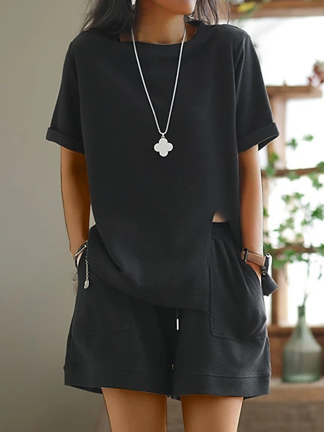 Women's Plus Size Loungewear Sets Pure Color Sport Casual Comfort Home Street Daily Polyester Breathable Crew Neck Short Sleeve T Shirt Tee Shorts Pocket Summer Spring Black White 4 Women's Plus Size Loungewear Sets Pure Color Sport Casual Comfort Home Street Daily Polyester Breathable Crew Neck Short Sleeve T Shirt Tee Shorts Pocket Summer Spring Black White - Image 4