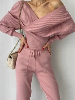 Women's Knitted Lounge Sets Pure Color Fashion Comfort Soft Street Daily Date Acrylic Breathable V Wire Long Sleeve Pant Summer Fall Black Pink -Deals The Sexy Bra Store ltyome1690533191272
