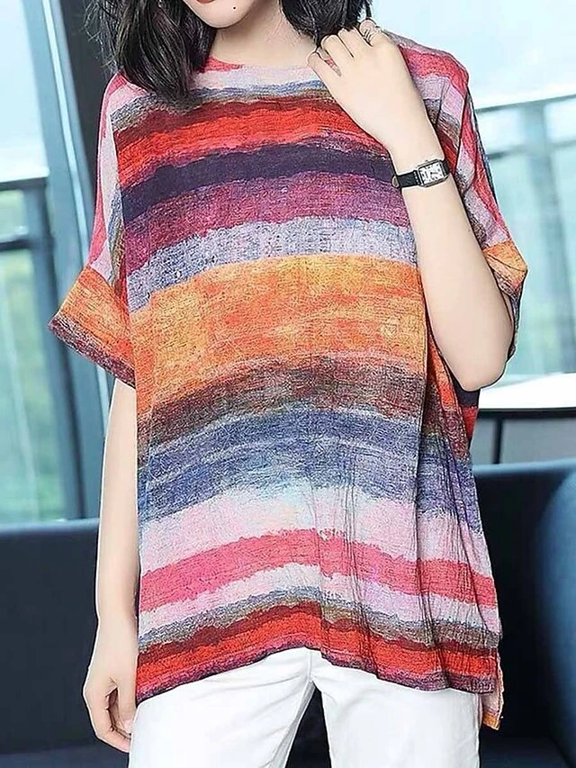 Women's Loungewear Top Rainbow Stripe Fashion Casual Street Date Airport Polyester Breathable Crew Neck Half Sleeve Backless Summer Spring Rainbow 5 Women's Loungewear Top Rainbow Stripe Fashion Casual Street Date Airport Polyester Breathable Crew Neck Half Sleeve Backless Summer Spring Rainbow - Image 5