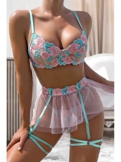 Women's Pajamas Garter Lingerie Set Sets 4 Pieces Flower Simple Hot Soft Home Christmas Valentine's Day Polyester Gift Straps Sleeveless Embroidery Including Garter Belts Summer Spring Pink