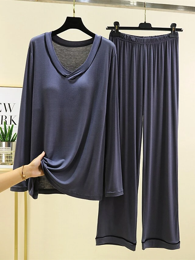 Women's Light Blue Pajamas Sets With Chest Pads Patchwork Casual Comfort Home Bed Modal Breathable V Wire Long Sleeve Shirt Pant Fall Winter Pink Blue 4 Women's Light Blue Pajamas Sets With Chest Pads Patchwork Casual Comfort Home Bed Modal Breathable V Wire Long Sleeve Shirt Pant Fall Winter Pink Blue - Image 4