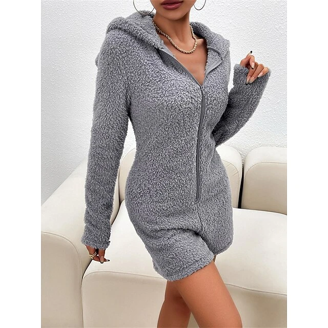Women's Hooded Teddy Romper Pajamas Solid Warm Fashion Simple Street Daily Vacation Hoodie Long Sleeve Fall Winter Black Purple 3 Women's Hooded Teddy Romper Pajamas Solid Warm Fashion Simple Street Daily Vacation Hoodie Long Sleeve Fall Winter Black Purple - Image 3