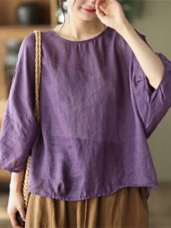 Women's Plus Size Loungewear Top Pure Color Simple Casual Comfort Home Daily Vacation Linen Breathable Crew Neck Long Sleeve Shirt Summer Spring Black Purple -Deals The Sexy Bra Store lypjvf1681275707431