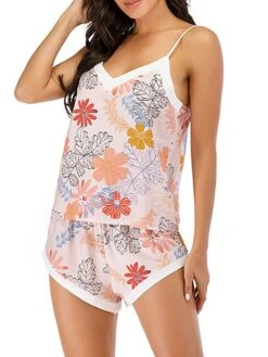 Women's Pajamas Pajama Top And Pant Sets Flower Leaves Fashion Casual Soft Home Daily Bed Lace Breathable Straps Sleeveless Strap Top Shorts Summer Spring Light Pink Yellow -Deals The Sexy Bra Store lyxmmg1681464653799