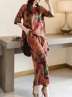 Women's Loungewear Sets Flower Fashion Casual Comfort Street Daily Date Polyester Breathable Crew Neck Short Sleeve T Shirt Tee Pant Pocket Summer Spring Light Green Red -Deals The Sexy Bra Store lzffya1684410517456