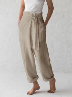 Women's Loungewear Pants Regular Fit Solid Color Fashion Simple Casual Street Linen Breathable Straight Leg Trousers With Pockets Elastic Waistband Self Tie Knot Summer Spring Black White
