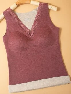 Women's Loungewear Thermal Underwear Pure Color Warm Undergarments Comfort Home Daily Cashmere Warm V Wire Sleeveless Elastic Waist Chest Pads Removable Pad Spring Fall Black Pink