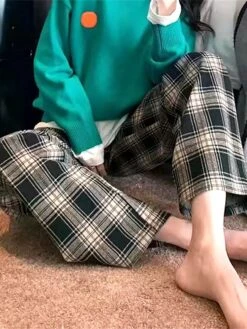 Women's Loungewear Pants Grid / Plaid Fashion Casual Soft Home Daily Bed Nylon Breathable Long Pant Pant Pocket Summer Fall Black Light Green -Deals The Sexy Bra Store mardjv1689506611846