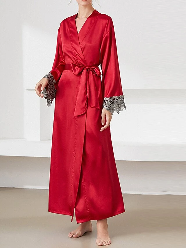 Women's Satin Silk Bathrobe Robe Embroidered Lace Decoration Long Sleeve Nightgown Pure Color Fashion Casual Comfort Home Daily Bed Summer Fall Black Pink 10 Women's Satin Silk Bathrobe Robe Embroidered Lace Decoration Long Sleeve Nightgown Pure Color Fashion Casual Comfort Home Daily Bed Summer Fall Black Pink - Image 10