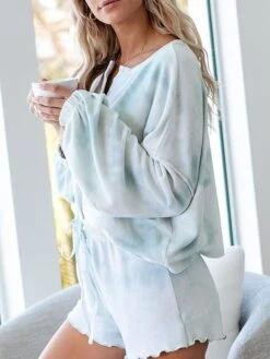 Women's Loungewear Sets Tie Dye Simple Casual Comfort Street Daily Vacation Polyester Breathable Crew Neck Long Sleeve Shorts Button Elastic Waist Spring Summer Purple Light Blue -Deals The Sexy Bra Store mfrobc1676969759876