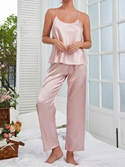 Women's Pajamas Sets Pure Color Fashion Comfort Soft Home Xmas Daily Bed Satin Breathable Straps Sleeveless Strap Top Pant Backless Summer Fall Lotus Pink Red -Deals The Sexy Bra Store mfwhov1694742429985