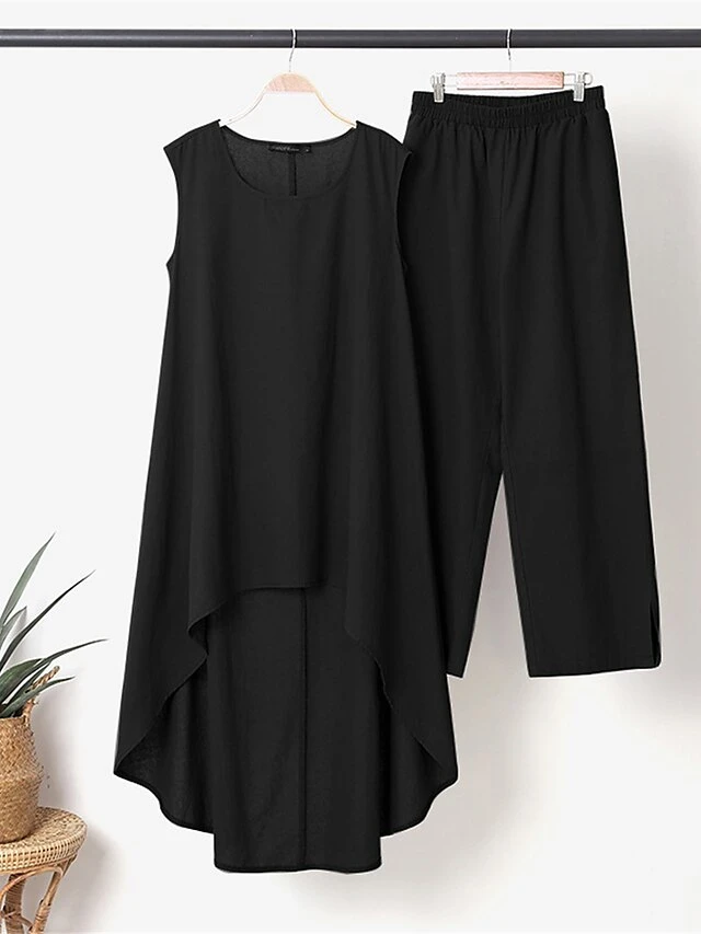 Women's Loungewear Sets Pure Color Casual Comfort Oversized Home Daily Vacation Polyester Breathable Crew Neck Sleeveless Pant Summer Spring Black Army Green 5 Women's Loungewear Sets Pure Color Casual Comfort Oversized Home Daily Vacation Polyester Breathable Crew Neck Sleeveless Pant Summer Spring Black Army Green - Image 5