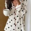 Women's Plus Size Heart Print Pajama Sets Simple Casual Comfort Home Daily Bed Polyester Breathable Lapel Long Sleeve Shirt Pant Button Summer Fall White