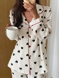Women's Plus Size Heart Print Pajama Sets Simple Casual Comfort Home Daily Bed Polyester Breathable Lapel Long Sleeve Shirt Pant Button Summer Fall White