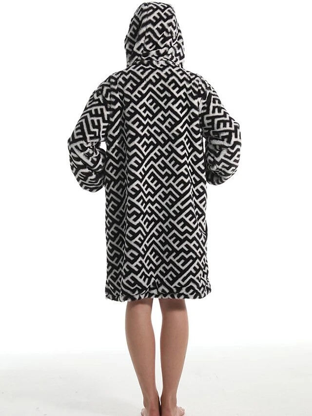 Women's Robe Geometic Plush Casual Comfort Home Daily Bed Flannel Warm Breathable Hoodie Long Sleeve Pocket Fall Winter Black 8 Women's Robe Geometic Plush Casual Comfort Home Daily Bed Flannel Warm Breathable Hoodie Long Sleeve Pocket Fall Winter Black - Image 8