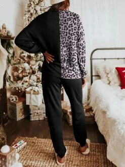 Women's Christmas Loungewear Sets 2 Pieces Leopard Fashion Casual Comfort Street Xmas Daily Date Polyester Warm Crew Neck Long Sleeve Pant Fall Winter Black -Deals The Sexy Bra Store mjvdly1691046339762