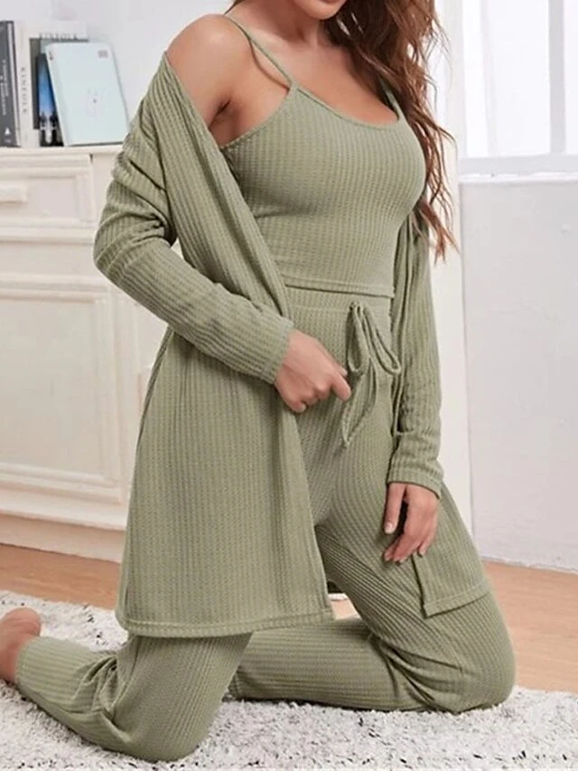 Women's Loungewear Sets Nighty 3 Pieces Pure Color Comfort Home Polyester Straps Long Sleeve Pant Winter Fall Green Brown 7 Women's Loungewear Sets Nighty 3 Pieces Pure Color Comfort Home Polyester Straps Long Sleeve Pant Winter Fall Green Brown - Image 7