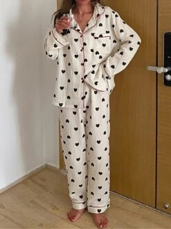 Women's Plus Size Heart Print Pajama Sets Simple Casual Comfort Home Daily Bed Polyester Breathable Lapel Long Sleeve Shirt Pant Button Summer Fall White -Deals The Sexy Bra Store mqfkle1689655809787