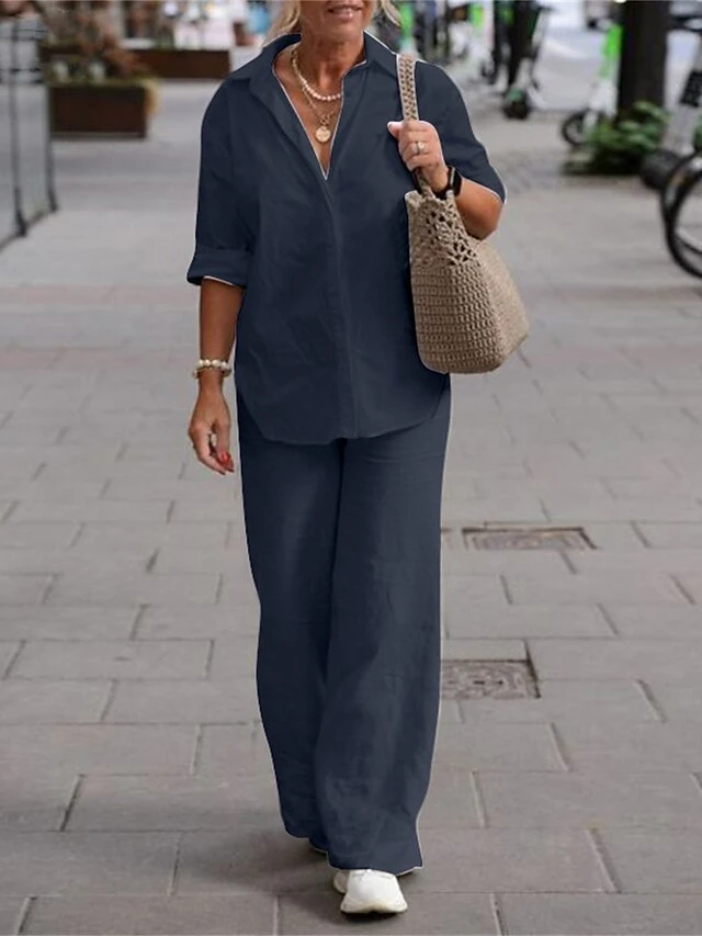 Women's Loungewear Sets Pure Color Basic Casual Comfort Home Street Daily Cotton Breathable Lapel Long Sleeve Shirt Pant Button Summer Spring Pink Blue 4 Women's Loungewear Sets Pure Color Basic Casual Comfort Home Street Daily Cotton Breathable Lapel Long Sleeve Shirt Pant Button Summer Spring Pink Blue - Image 4