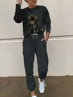 Women's Sweatsuit Tracksuits Sets Cat Dog Fashion Sport Simple Home Daily Polyester Crew Neck Long Sleeve Hoodie Spring Fall Black White -Deals The Sexy Bra Store mrnwtb1692861953057