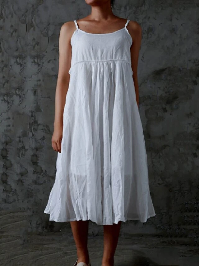 Women's Pajamas Nightgown Dress Pure Color Simple Casual Soft Home Daily Bed Cotton And Linen Breathable Straps Sleeveless Backless Summer Spring White 2 Women's Pajamas Nightgown Dress Pure Color Simple Casual Soft Home Daily Bed Cotton And Linen Breathable Straps Sleeveless Backless Summer Spring White - Image 2