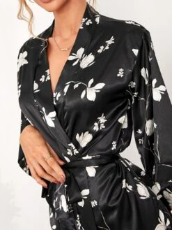 Women's Pajamas Bathrobe Robes Gown Flower Fashion Casual Comfort Home Daily Bed Satin Breathable V Wire Long Sleeve Summer Spring Black -Deals The Sexy Bra Store munzda1679049378361
