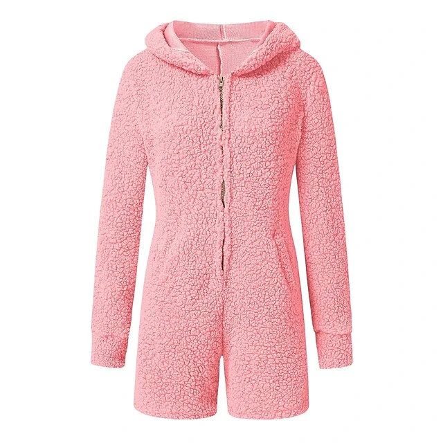 Women's Fleece Onesie Pjs Pure Color Warm Simple Plush Party Home Fleece Hoodie Long Sleeve Fall Winter Skin Powder Black 2 Women's Fleece Onesie Pjs Pure Color Warm Simple Plush Party Home Fleece Hoodie Long Sleeve Fall Winter Skin Powder Black - Image 2