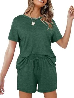 Women's Loungewear Sets Nighty 2 Pieces Pure Color Simple Comfort Home Street Cotton Crew Neck Short Sleeve T Shirt Tee Shorts Spring Summer Green Blue -Deals The Sexy Bra Store mvuhlg1655894540860