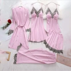 Women's Lingerie Pajama Sets 5 Pieces Satin Floral Lace Cami Top With Robe Nightgown Pants Pink Black Size XXL