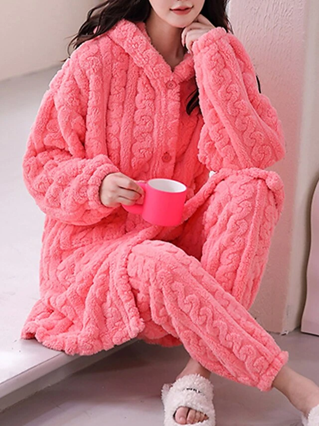 Women's Pajamas Sets Pure Color Warm Fashion Plush Home Daily Bed Coral Fleece Coral Velvet Warm Breathable Hoodie Long Sleeve Cardigan Pant Button Pocket Fall Winter Yellow Pink 10 Women's Pajamas Sets Pure Color Warm Fashion Plush Home Daily Bed Coral Fleece Coral Velvet Warm Breathable Hoodie Long Sleeve Cardigan Pant Button Pocket Fall Winter Yellow Pink - Image 10