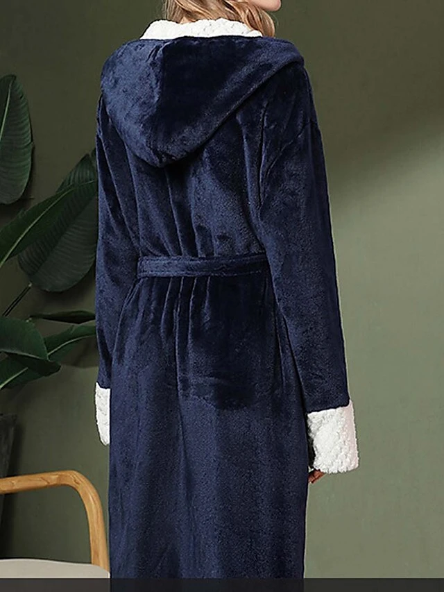Women's Flannel Robe Pure Color Simple Casual Comfort Home Daily Bed Breathable V Wire Long Sleeve Pocket Belt Included Hoodie Fall Winter 2120 Gray 2120 Navy Blue 6 Women's Flannel Robe Pure Color Simple Casual Comfort Home Daily Bed Breathable V Wire Long Sleeve Pocket Belt Included Hoodie Fall Winter 2120 Gray 2120 Navy Blue - Image 6