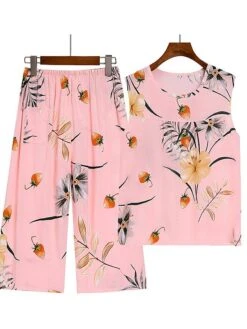 Women's Plus Size Pajama Cotton Top And Pant Sets 2Pcs Floral Print Fashion Casual Comfort Home Daily Vacation Breathable Crew Neck Sleeveless Tank Top Pants Summer Spring Yellow Light Green -Deals The Sexy Bra Store mzlgdp1683783099260