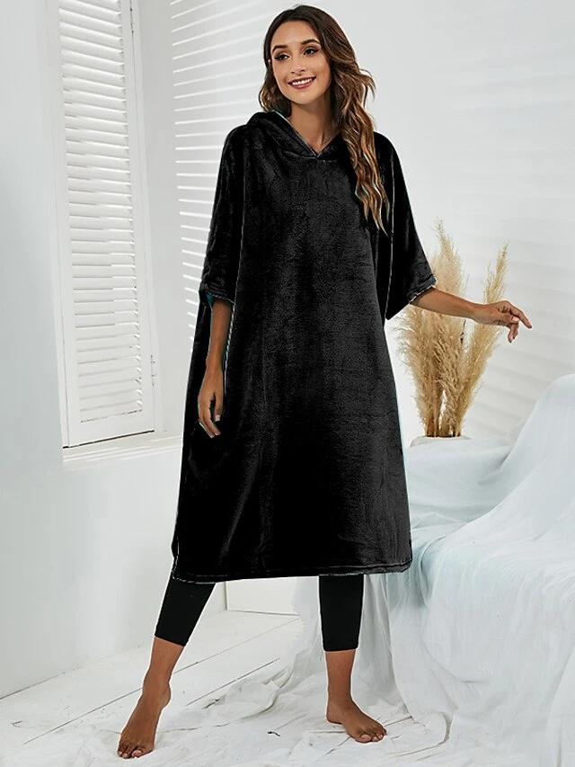 Women's Robes Gown Pure Color Comfort Home Polyester Comfort Hoodie Short Sleeve Pullover Pocket Hoodie Summer Black Light Green 7 Women's Robes Gown Pure Color Comfort Home Polyester Comfort Hoodie Short Sleeve Pullover Pocket Hoodie Summer Black Light Green - Image 7