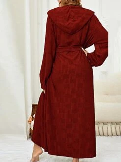 Women's Plaid Plush Robes Gown Grid Casual Home Daily Bed Polyester Breathable Hoodie Long Sleeve Fall Winter Wine Navy Blue -Deals The Sexy Bra Store nbtzuq1692950070602