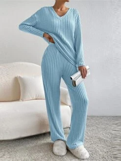 Women's Loungewear Sets Knit Drop Shoulder Tee Sweater And Pants Pure Color Home Street Daily Polyester Breathable V Wire Long Sleeve Sweater Pant Pocket Fall Winter Black Blue -Deals The Sexy Bra Store nccain1692950065024
