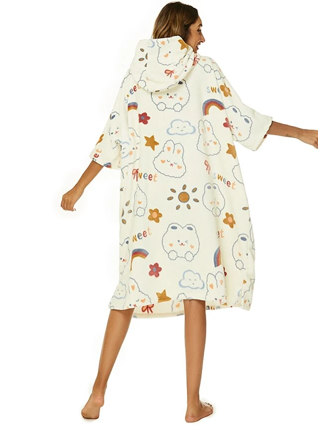 Women's Robes Gown Cartoon Comfort Home Polyester Comfort Hoodie Short Sleeve Pullover Pocket Hoodie Summer Beige 2 Women's Robes Gown Cartoon Comfort Home Polyester Comfort Hoodie Short Sleeve Pullover Pocket Hoodie Summer Beige - Image 2